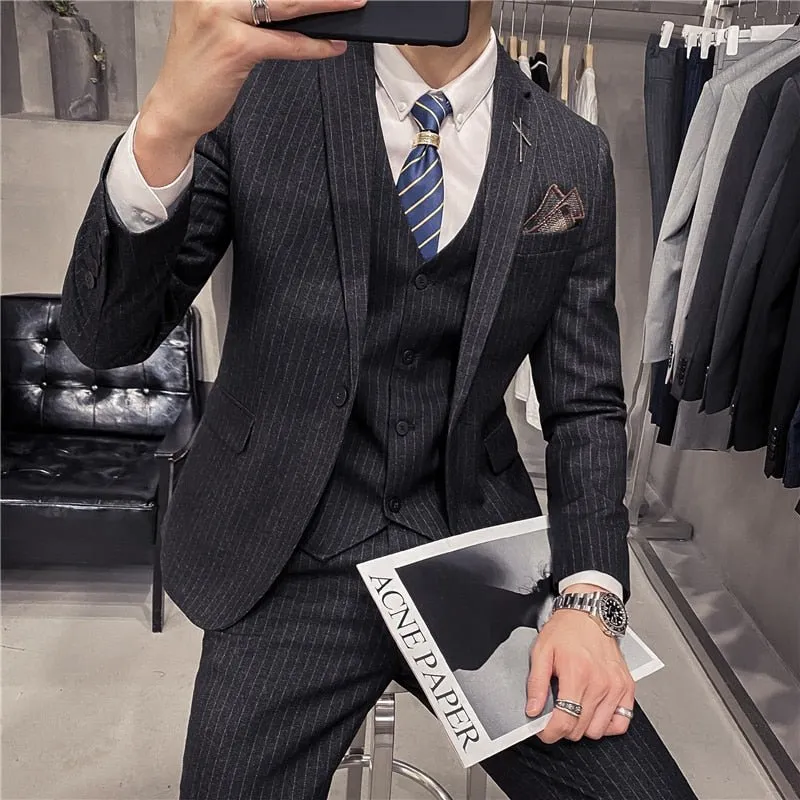 6XL 7XL (Jackets Vest Pants) Male Korean Blazers Slim Check British Business Suit Men Three Piece Wedding Bridegroom Man Dress