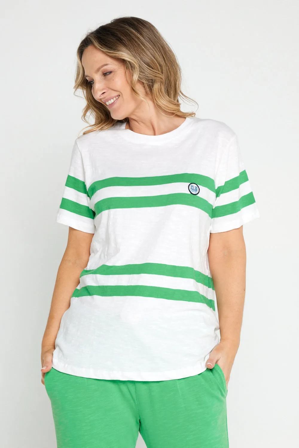 Allegra Short Sleeve Tee - White/Greenbriar Stripe