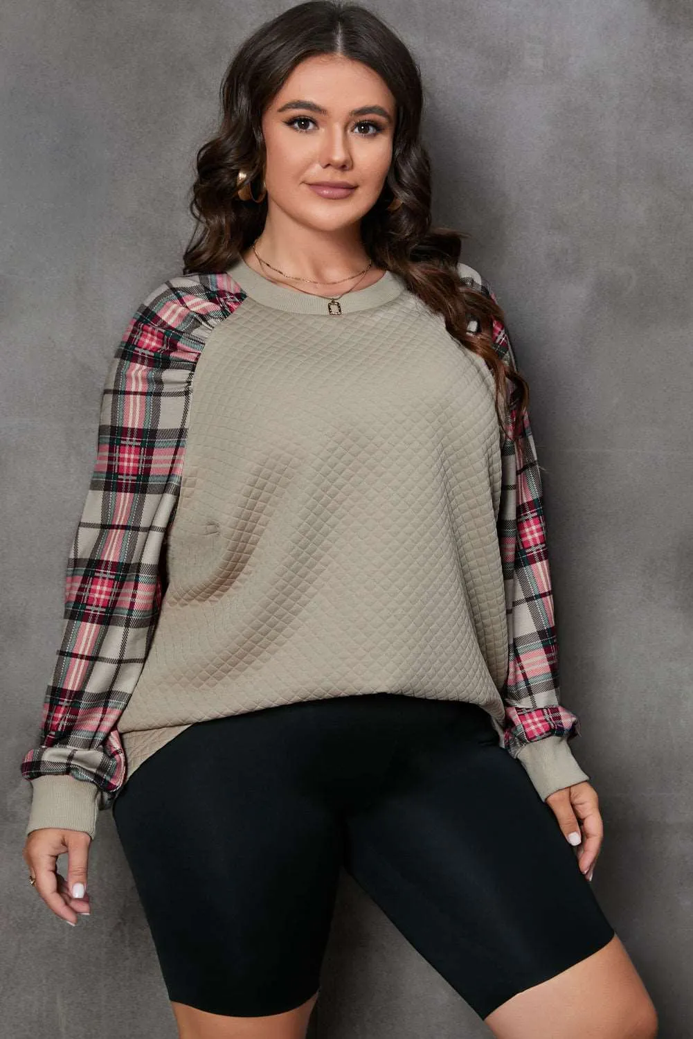 Apricot Plus Size Plaid Raglan Sleeve Crew Neck Sweatshirt