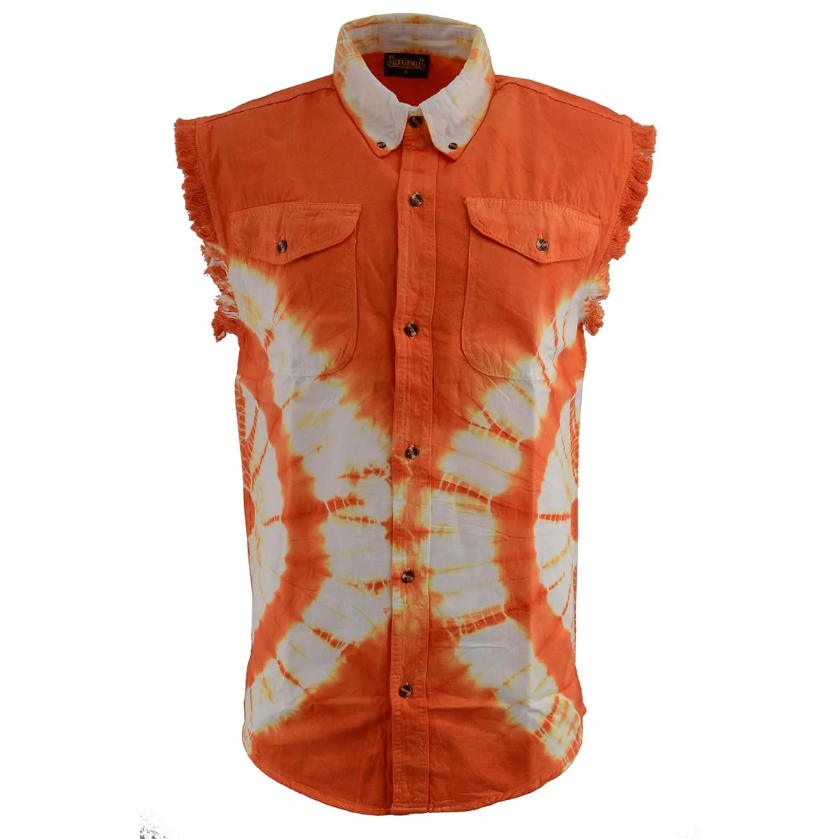 Biker Clothing Co. MDM11680 Men's Classic Orange and White Tie-Dye Button-Down Frayed Sleeveless Cut Off Shirt