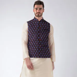 Blue - Men Nehru Jacket in Bagh Block Printing