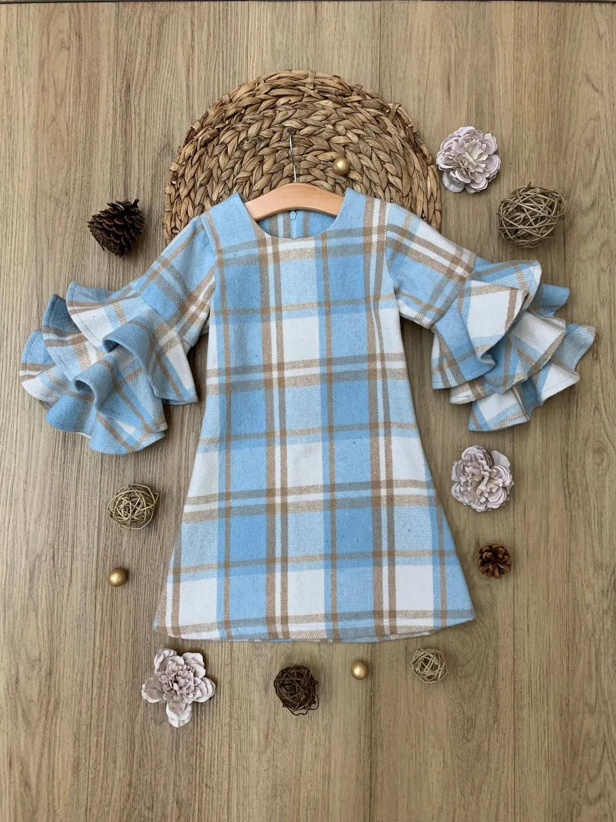 Blue Plaid Tiered Sleeve Sweater Dress