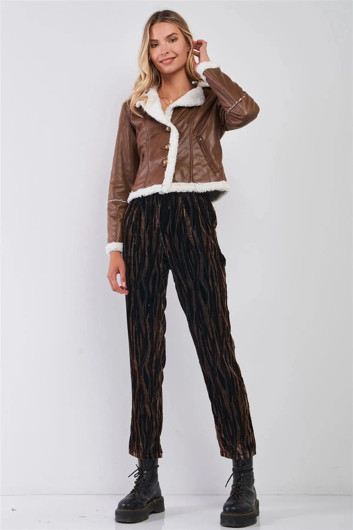 Brown Tiger Stripe Print Velvet Buttoned High Waist Balloon Pants /1-3-2