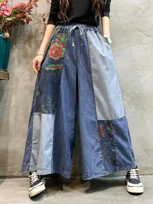 Color-Block Bandage Embroidered Wide Leg Denim Pants LY3924