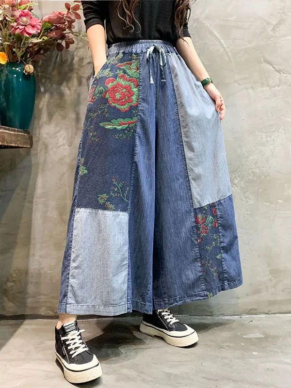 Color-Block Bandage Embroidered Wide Leg Denim Pants LY3924