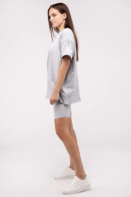 Cotton Round Neck Top & Biker Shorts Set