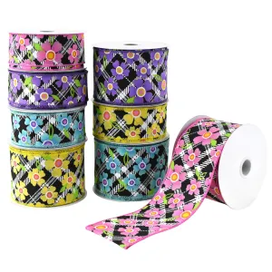 Diagonal Plaid and Flowers Wired Ribbon, 10-yard