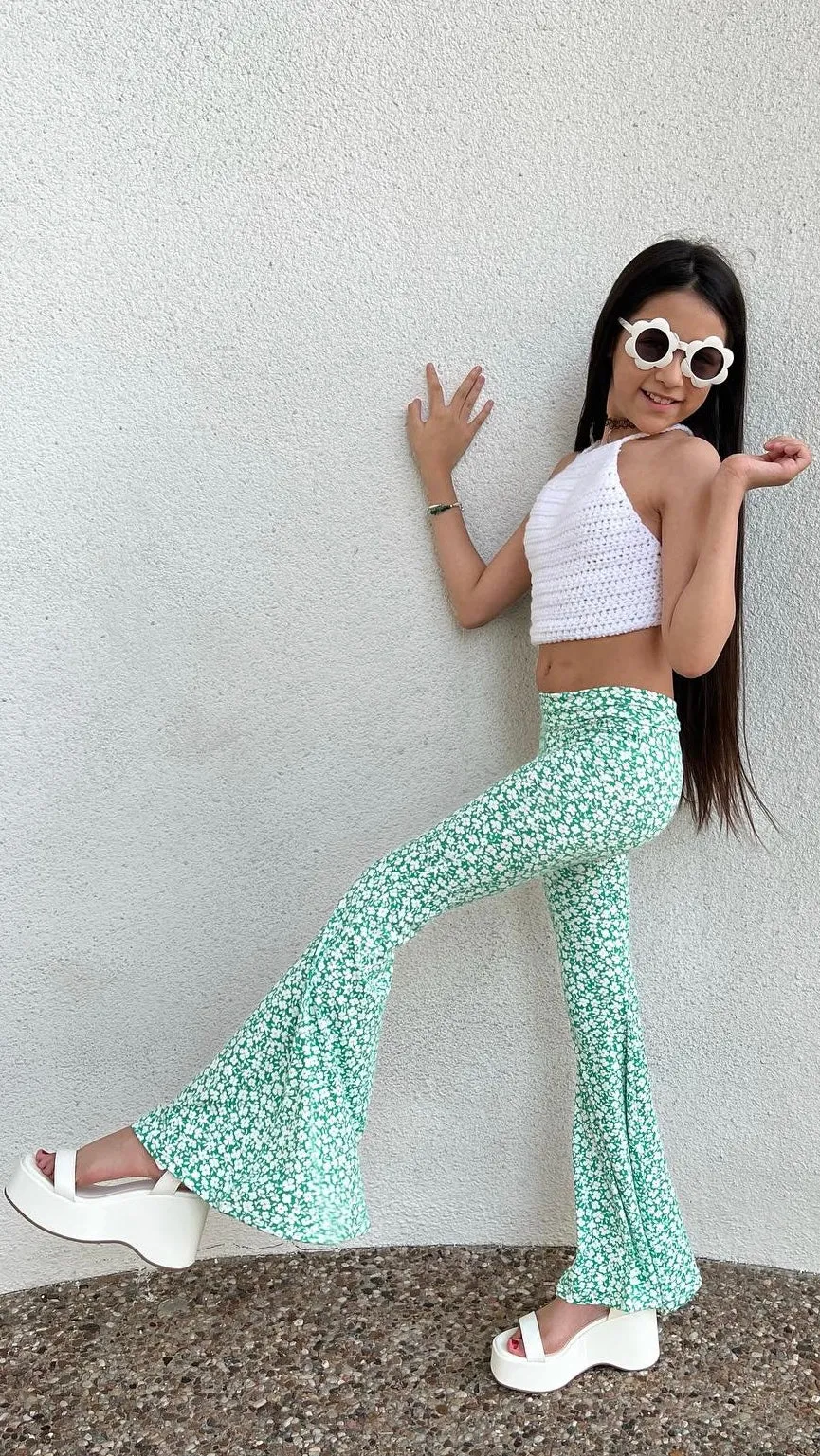 Flower Garden Bell Bottoms in Green Ditsy Floral