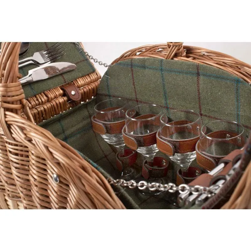 Four Person Oval Picnic Basket Hamper Fully Fitted in Green Tweed by Willow