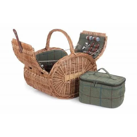 Four Person Oval Picnic Basket Hamper Fully Fitted in Green Tweed by Willow