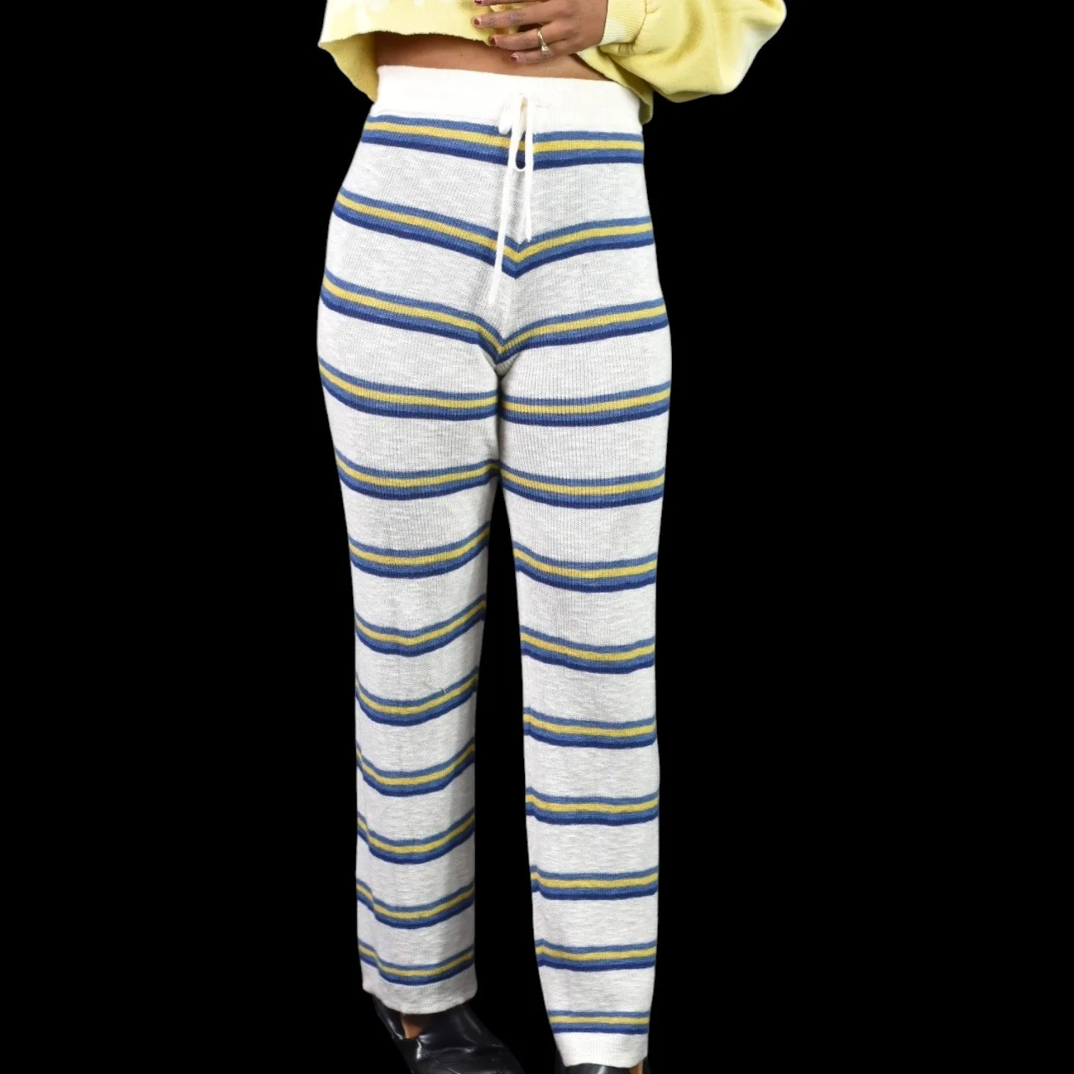 Free People Beach Mariner Rib Knit Pants White Stripe Sweater Lounge Slouchy Wide Leg XS