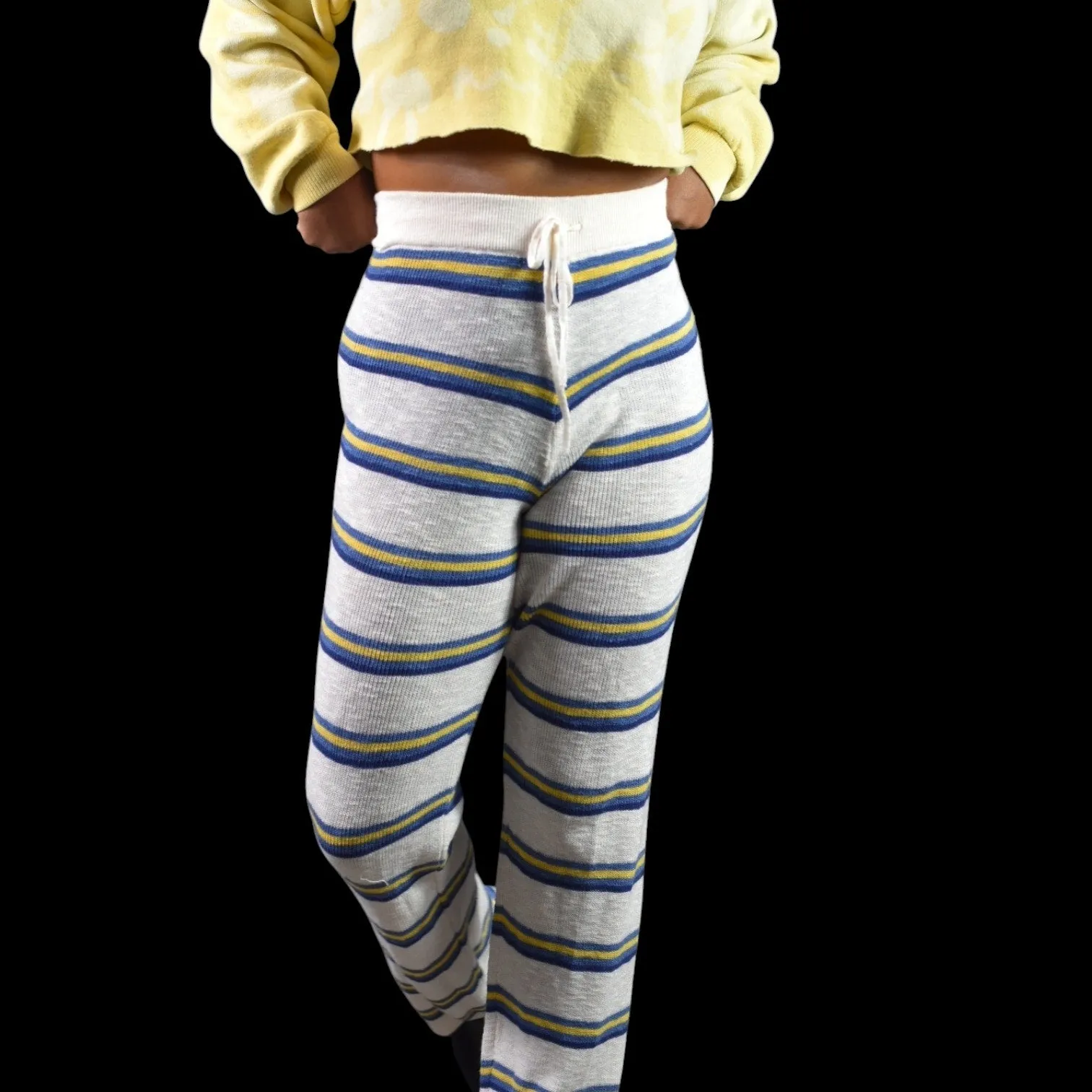 Free People Beach Mariner Rib Knit Pants White Stripe Sweater Lounge Slouchy Wide Leg XS