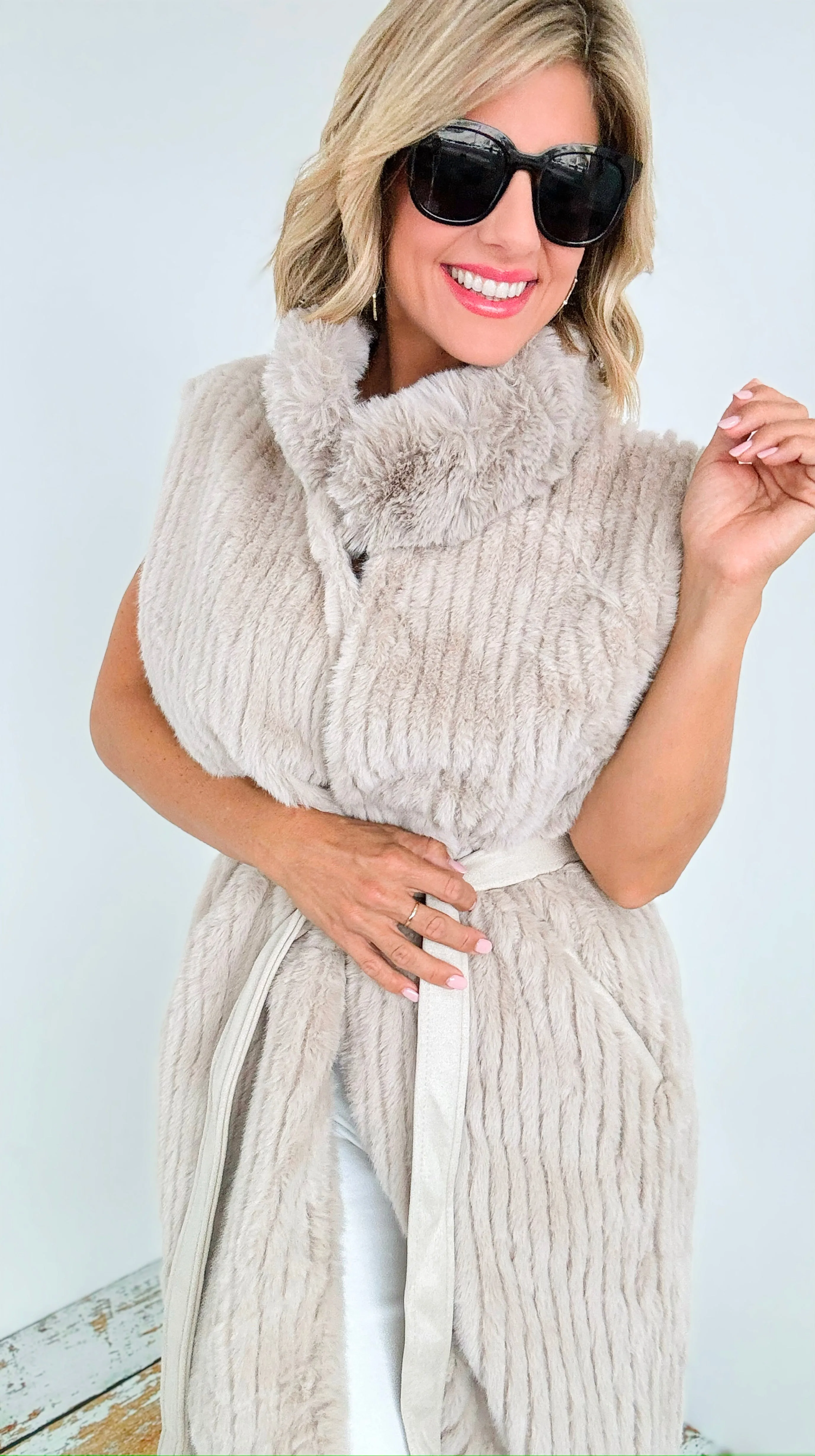 Fuzzy Belted Vest - Beige