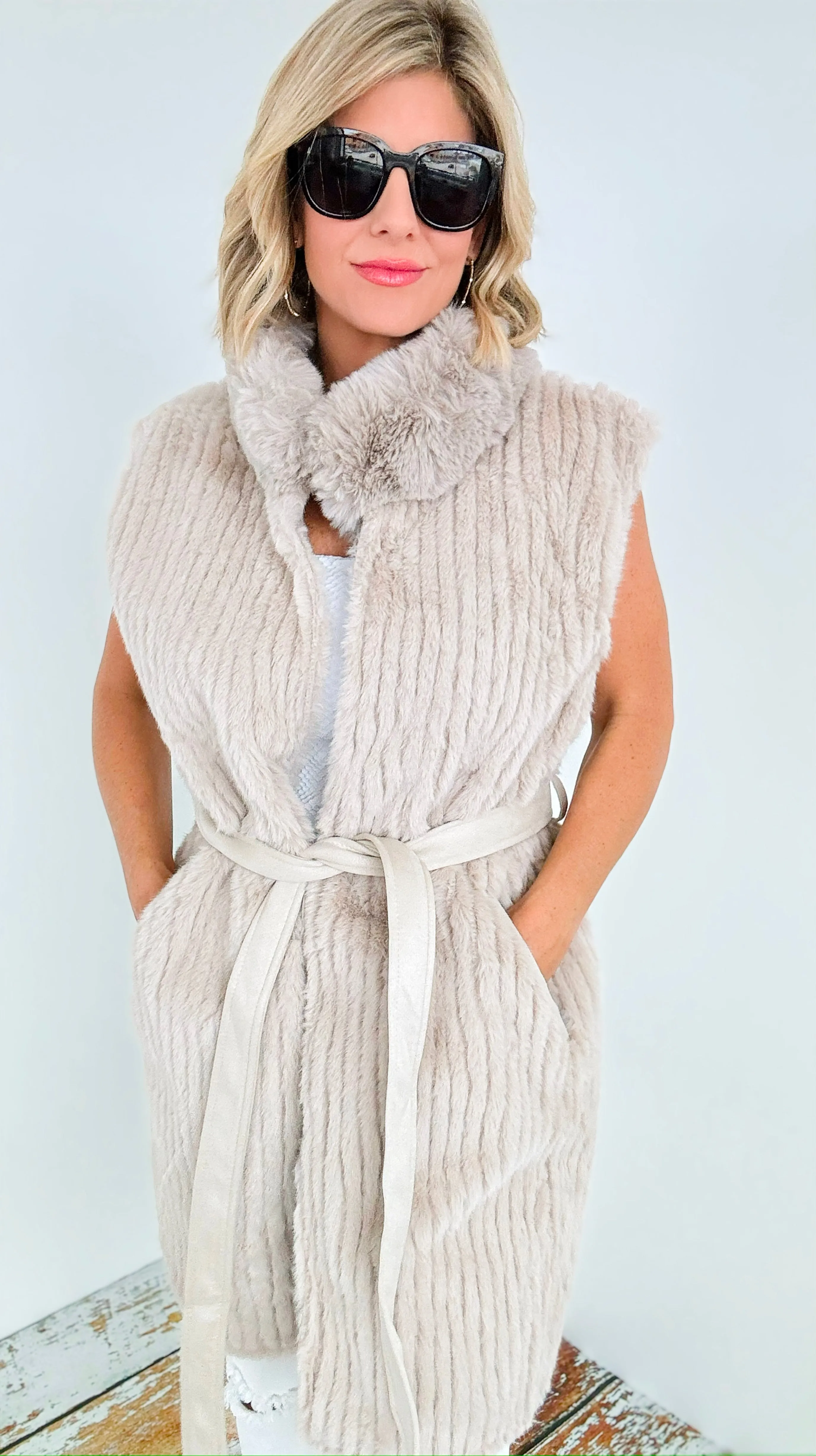 Fuzzy Belted Vest - Beige