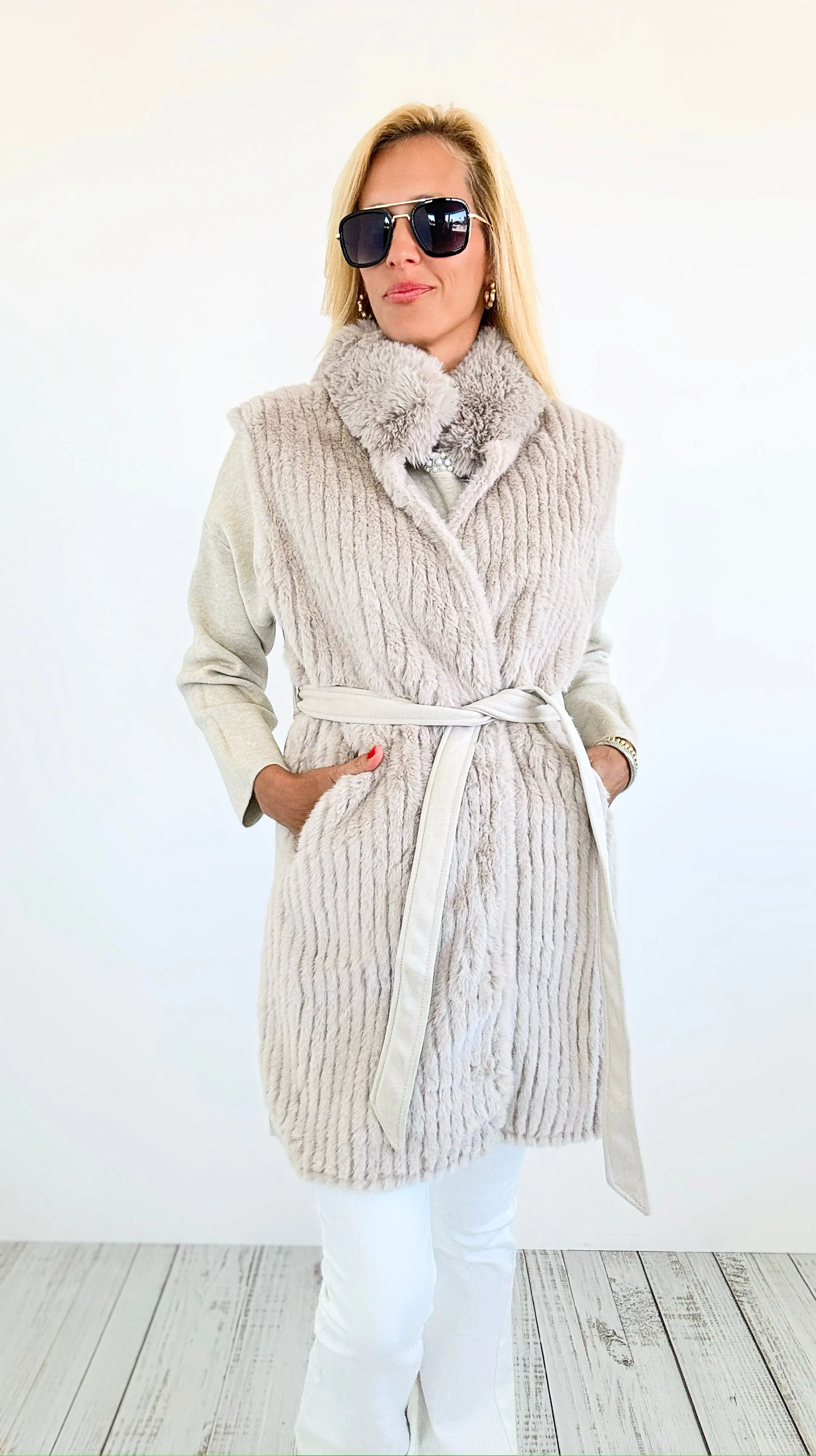 Fuzzy Belted Vest - Beige