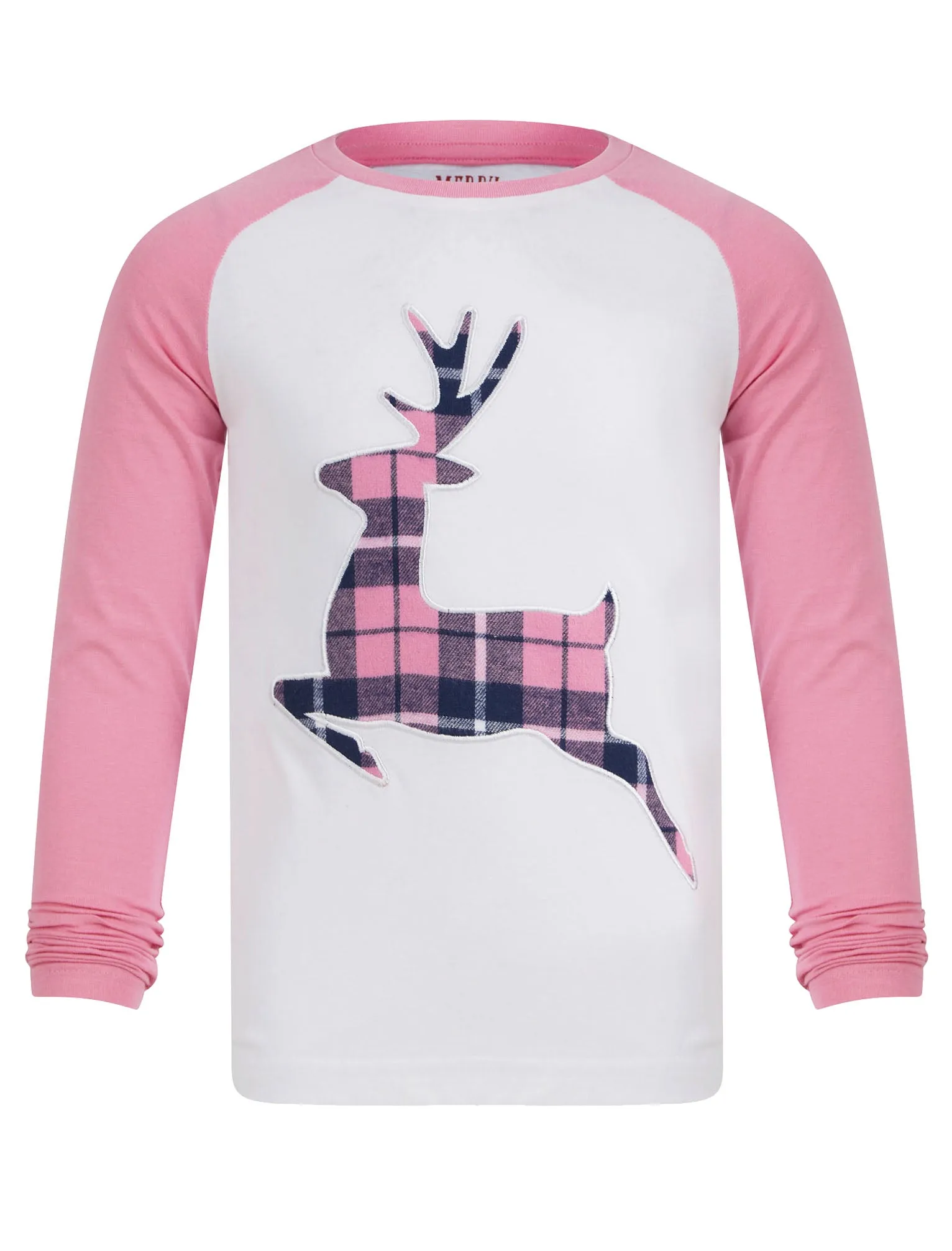 Girl's Reindeer 2pc Lounge Set in Pink / Pink Navy Check - Merry Christmas Kids (4-12yrs)