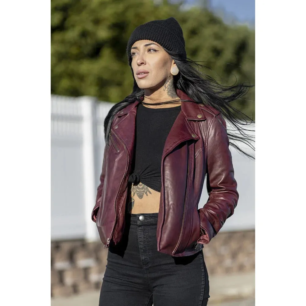 Harper Womens Moto Leather Jacket (Oxblood)