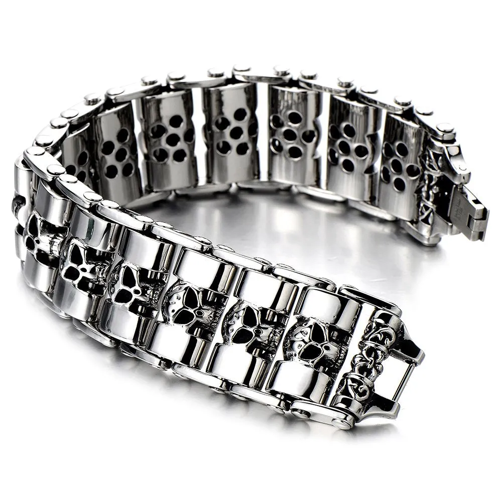 Heavy and Study Mens Steel Large Link Chain Motorcycle Bike Chain Bracelet with Skulls Polished