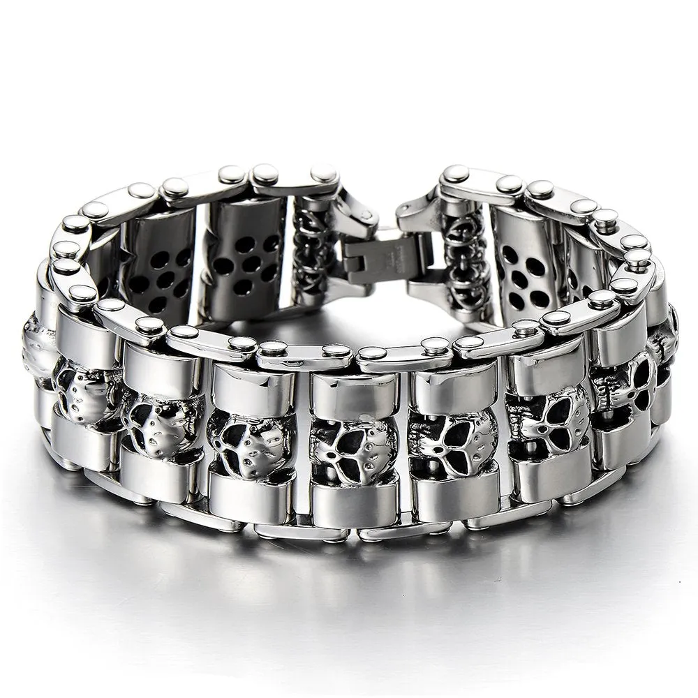 Heavy and Study Mens Steel Large Link Chain Motorcycle Bike Chain Bracelet with Skulls Polished