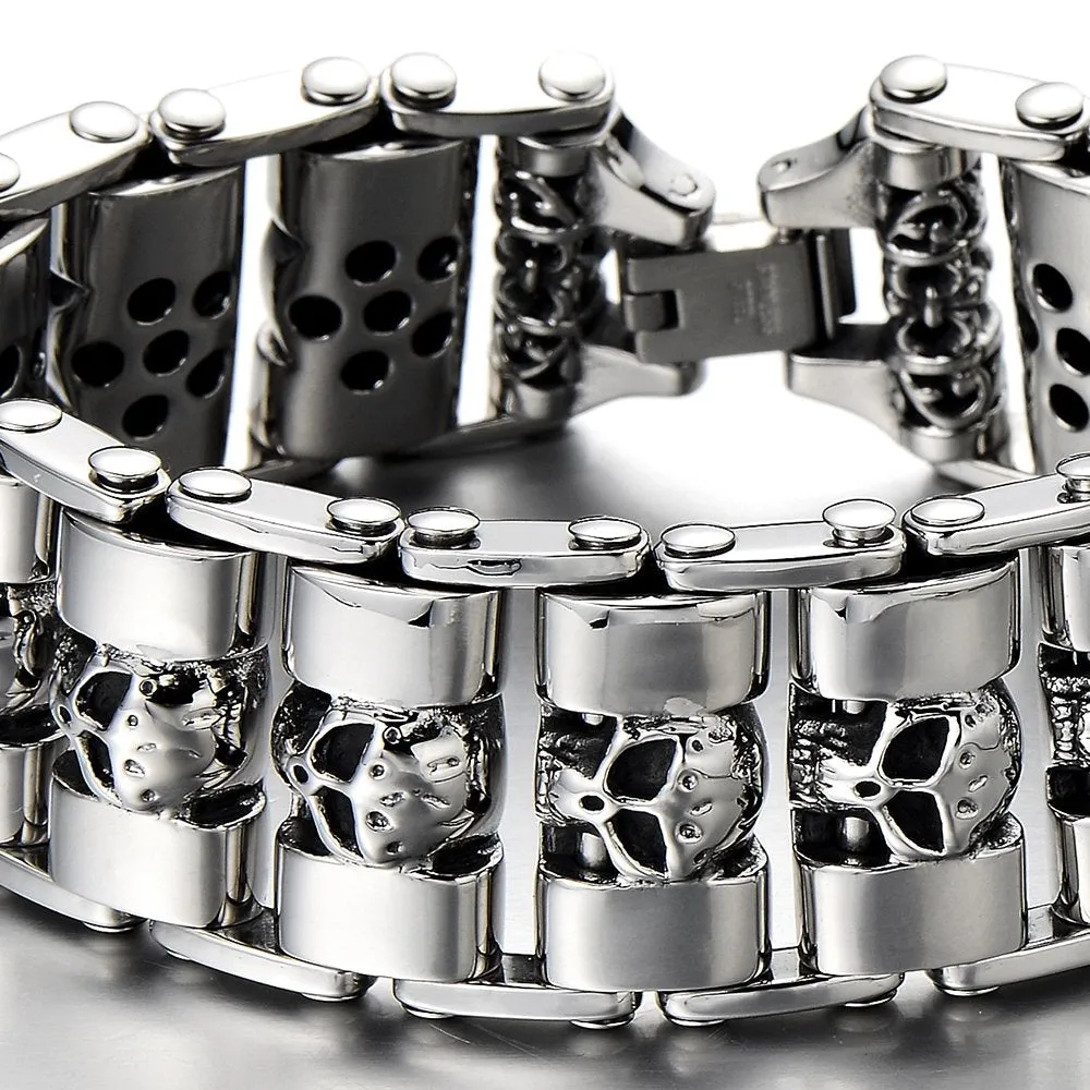 Heavy and Study Mens Steel Large Link Chain Motorcycle Bike Chain Bracelet with Skulls Polished