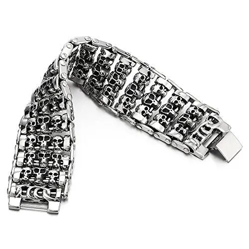 Heavy and Sturdy Steel Large Link Chain Motorcycle Bike Bracelet for Men, Featuring Skulls, Polished Finish, Perfect for Casual Wear or Biker-Themed Events