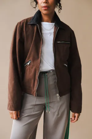 LEATHER COLLAR GARMENT-WASHED ZIP WORK JACKET