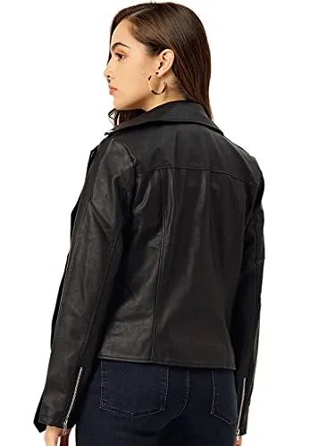 Leather Retail Women's Solid Biker Jacket (LRF11BLME12_Black_Medium)