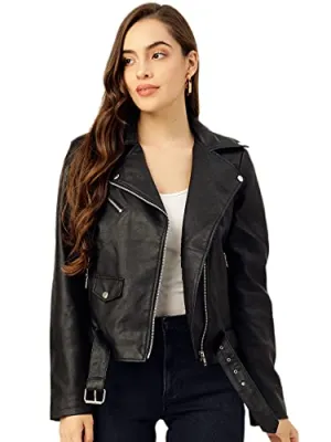 Leather Retail Women's Solid Biker Jacket (LRF11BLME12_Black_Medium)