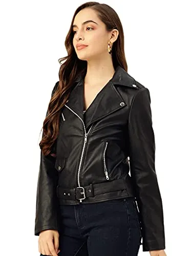 Leather Retail Women's Solid Biker Jacket (LRF11BLME12_Black_Medium)