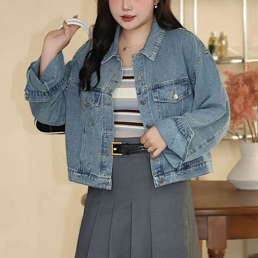 Light Blue Single Breasted Denim Plus Size Women's Coat Jacket