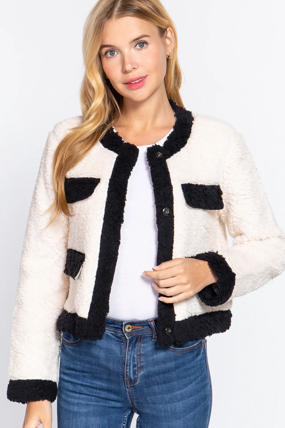 Long Sleeve Pocket Detail Faux Fur Jacket - 3 colors - Ships from The US