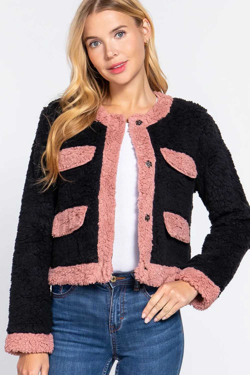 Long Sleeve Pocket Detail Faux Fur Jacket - 3 colors - Ships from The US