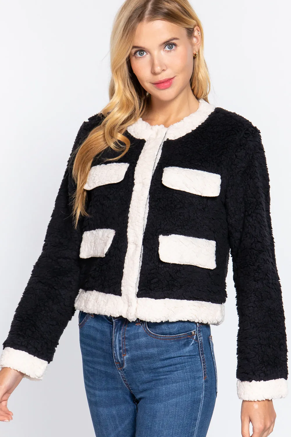 Long Sleeve Pocket Detail Faux Fur Jacket - 3 colors - Ships from The US