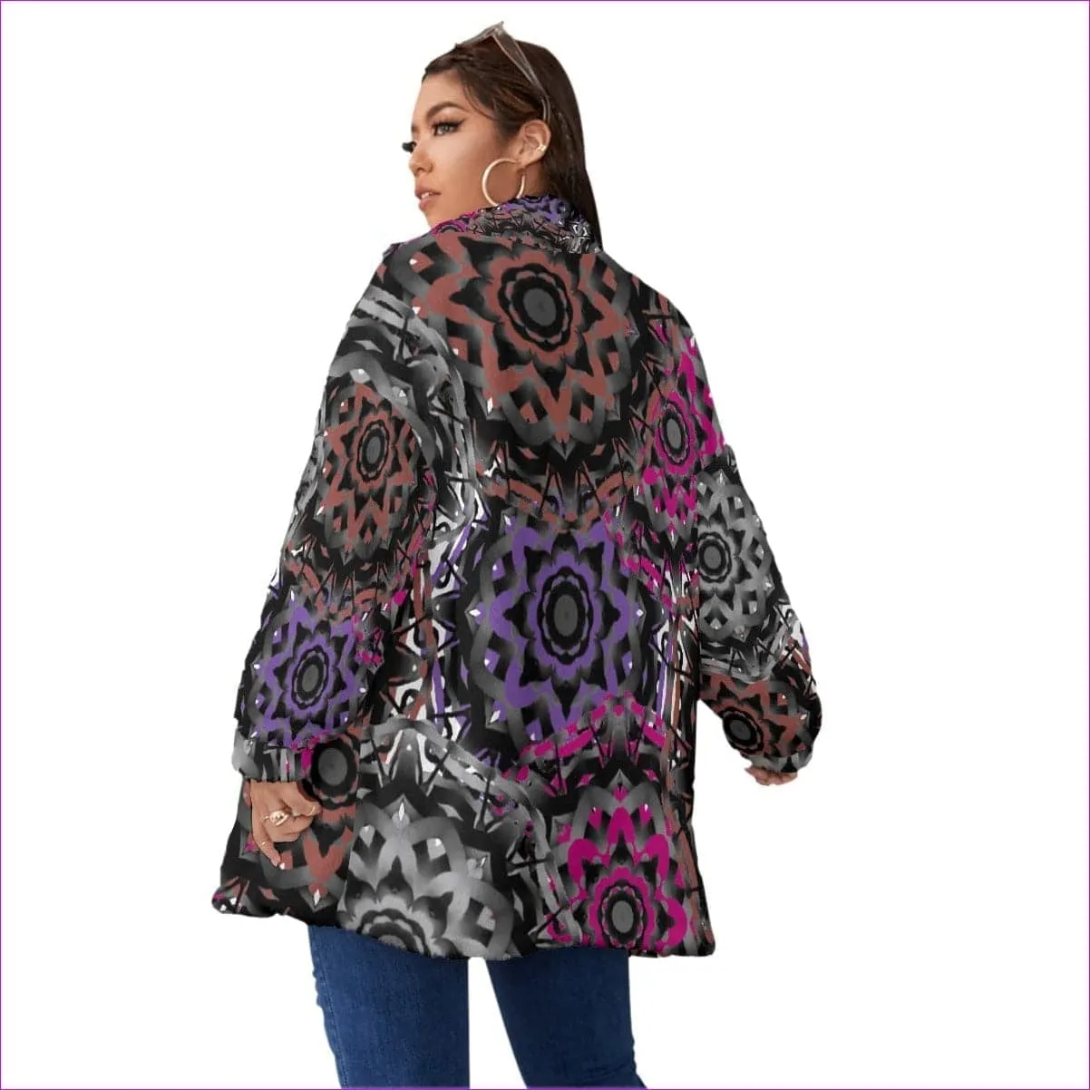 Mandala Graffiti Womens Borg Fleece Stand-up Collar Coat With Zipper Closure (Plus Size)