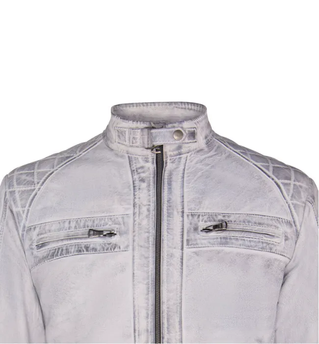 Men’s Biker Vintage Distressed White Leather Jacket with Embossed Skull