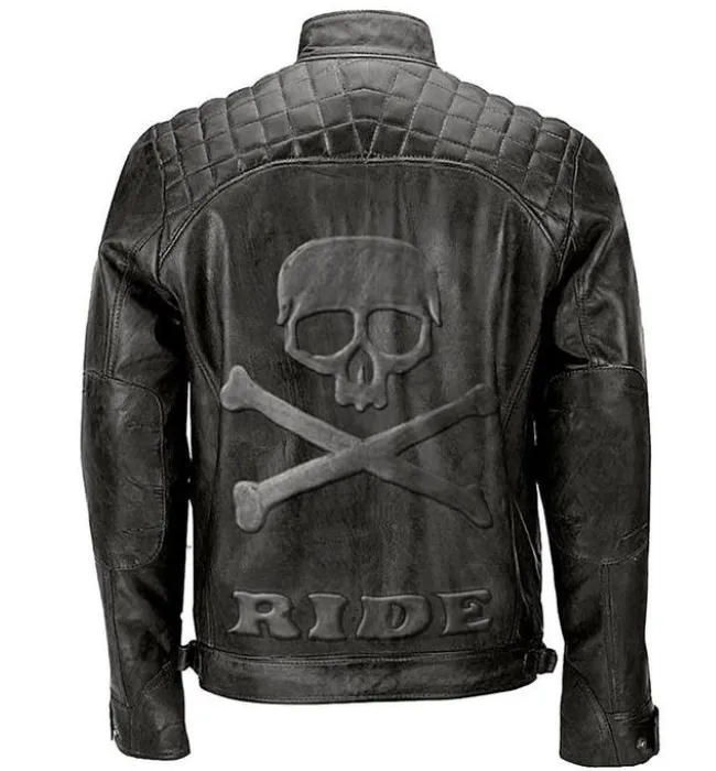 Men’s Biker Vintage Distressed White Leather Jacket with Embossed Skull