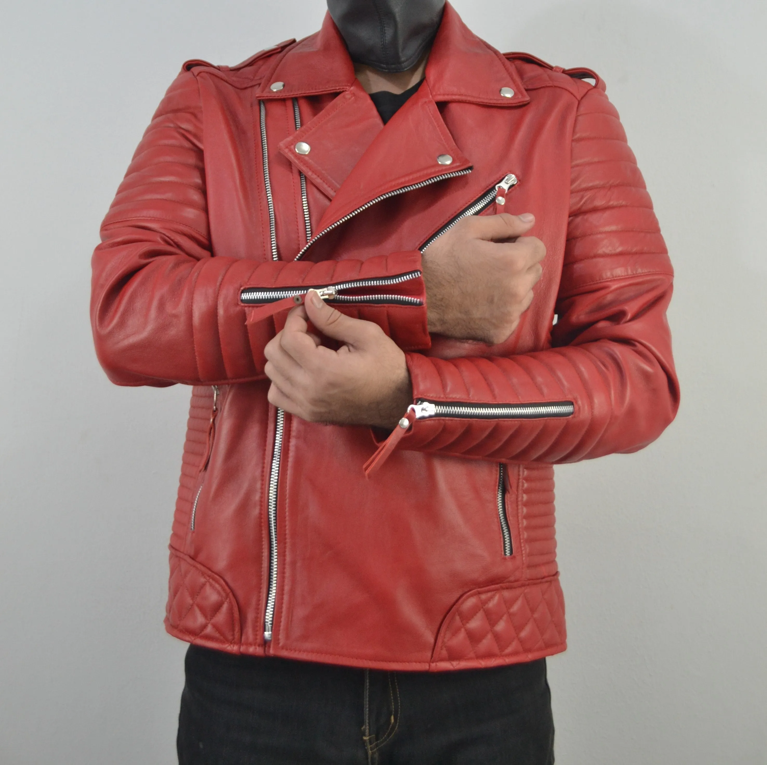 Men's Brando Quilted Padded Red Biker Motorcycle Leather Jacket