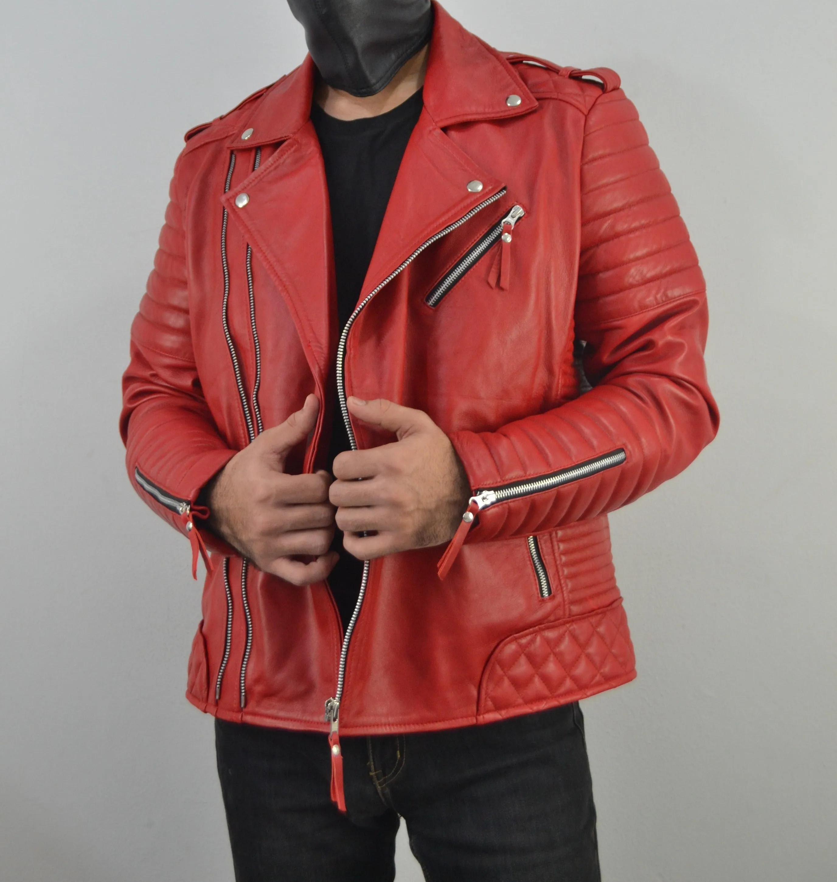 Men's Brando Quilted Padded Red Biker Motorcycle Leather Jacket