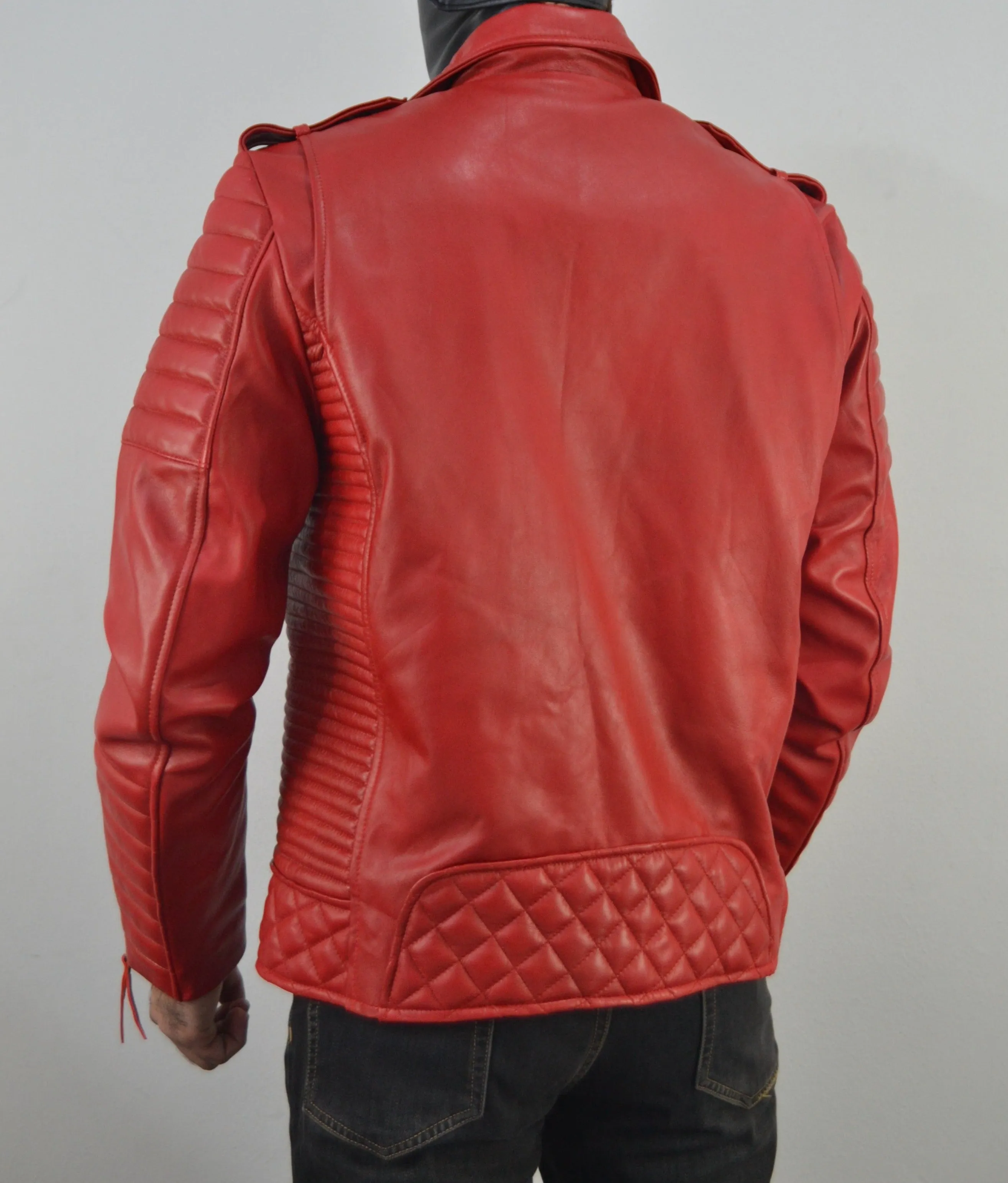 Men's Brando Quilted Padded Red Biker Motorcycle Leather Jacket