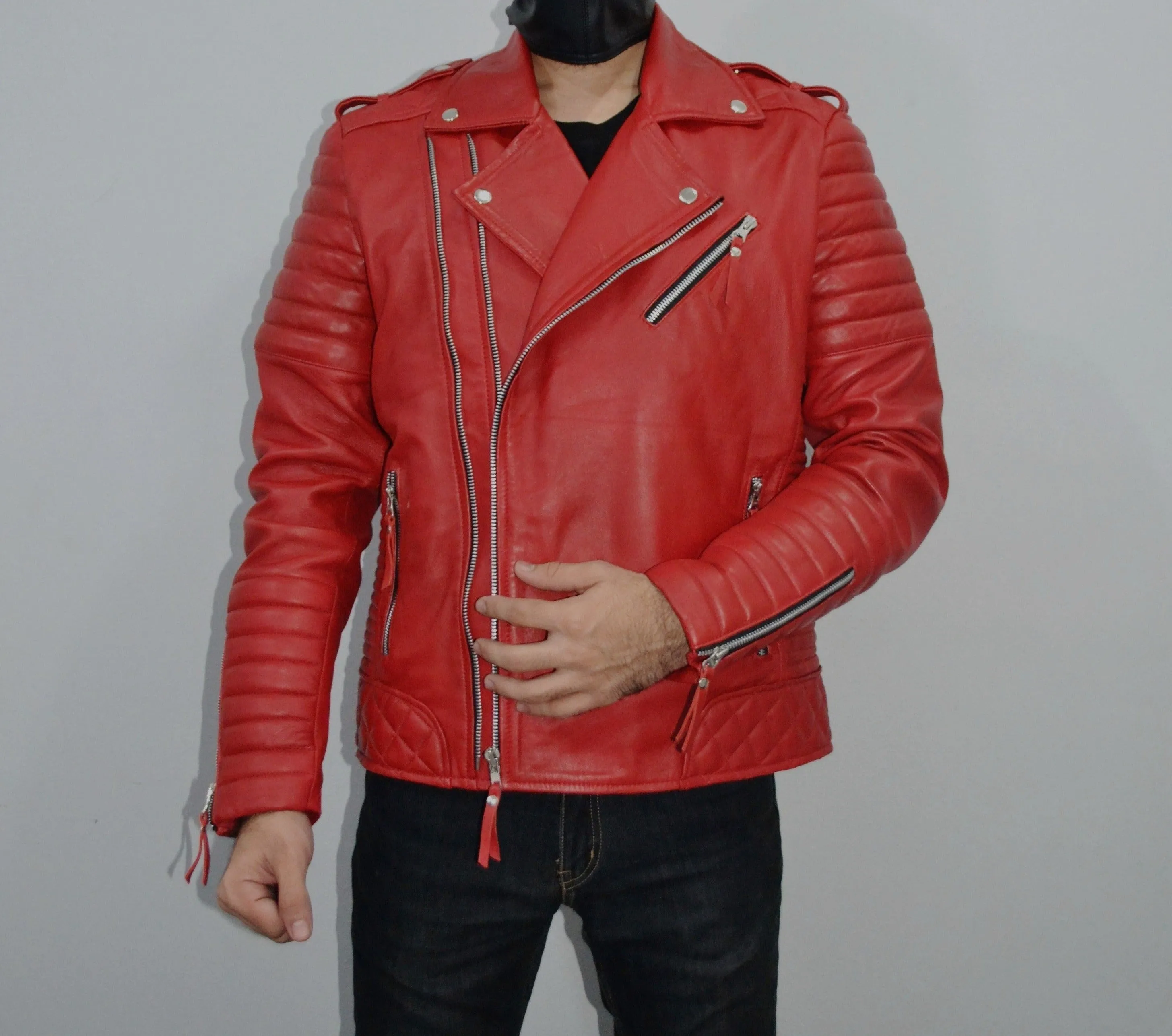 Men's Brando Quilted Padded Red Biker Motorcycle Leather Jacket