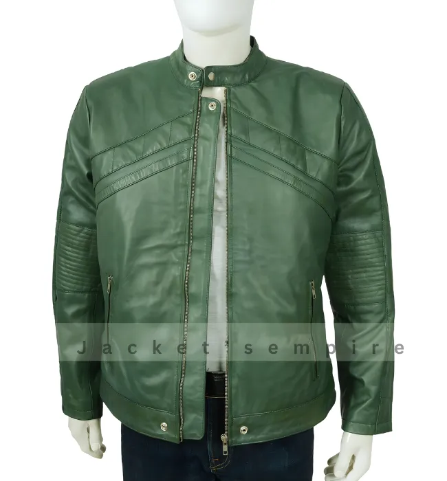 Men’s Casual Wear Green Leather Biker Jacket