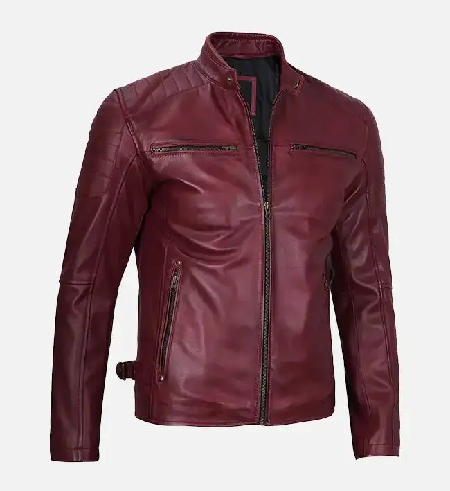 Men's Maroon Waxed Cafe Racer Leather Jacket