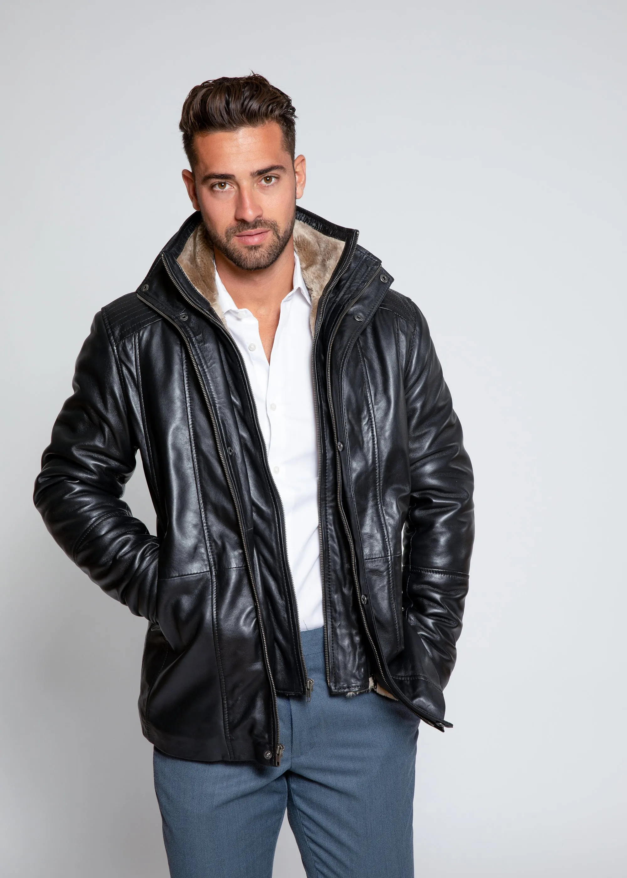 Men's Tiberius Premium Lambskin Leather Coat with Fur