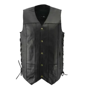 Men’s XS106T Tall Size 10-Pocket Classic Black Side Laced Biker Leather Vest