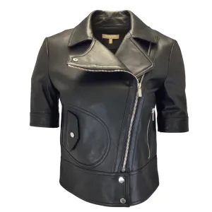 Michael Kors Collection Black Short Sleeved Moto Zip Lambskin Leather Jacket