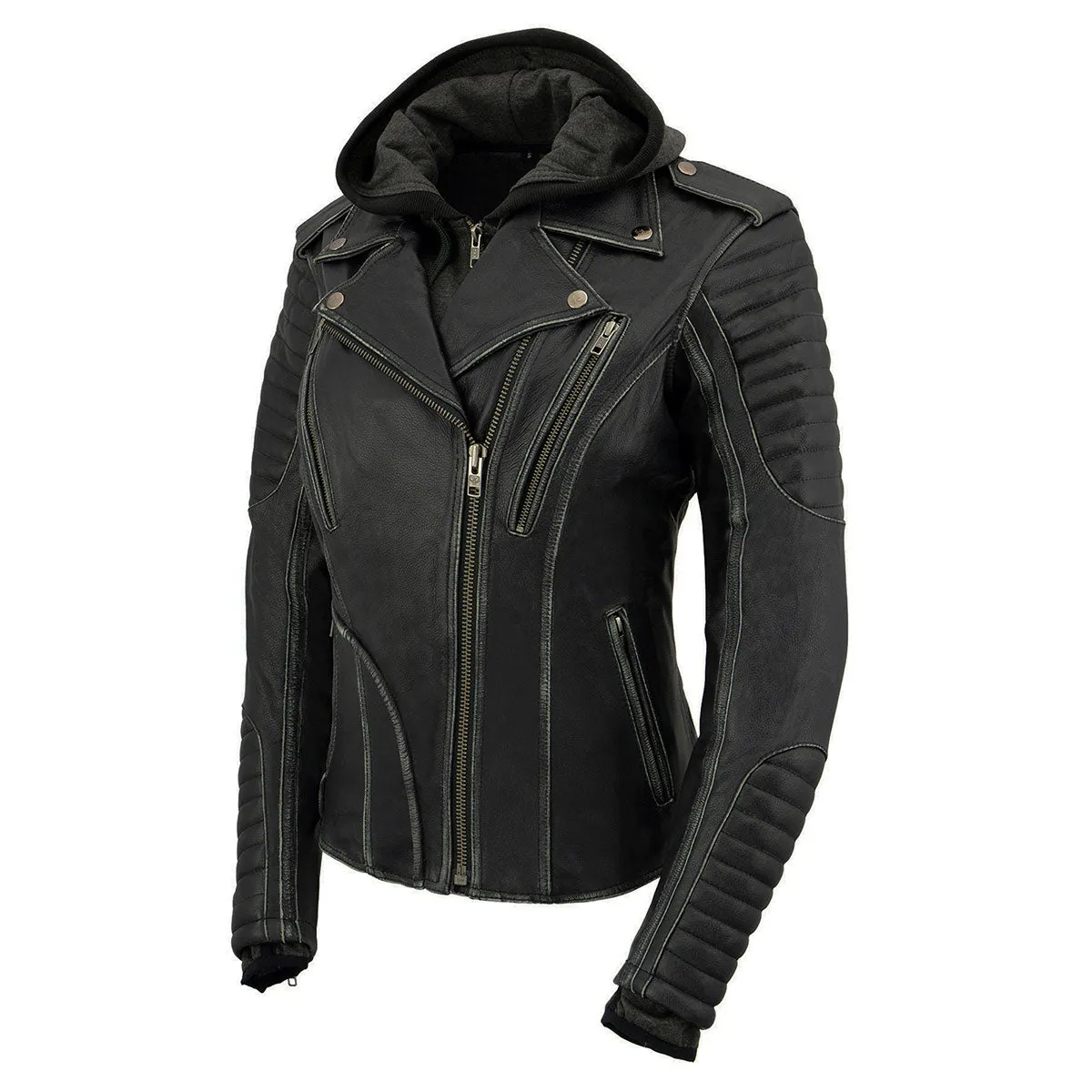 Milwaukee Leather MLL2516 Black Leather Rub-Off Leather Jacket with Hoodie for Women