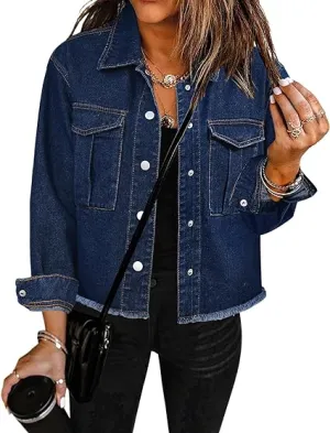 Nightfall Blue Women's Denim Collared Jacket With Flap Pocket Button UP Raw Hem Detail Long Sleeve Jean Jackets