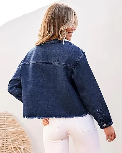 Nightfall Blue Women's Denim Collared Jacket With Flap Pocket Button UP Raw Hem Detail Long Sleeve Jean Jackets