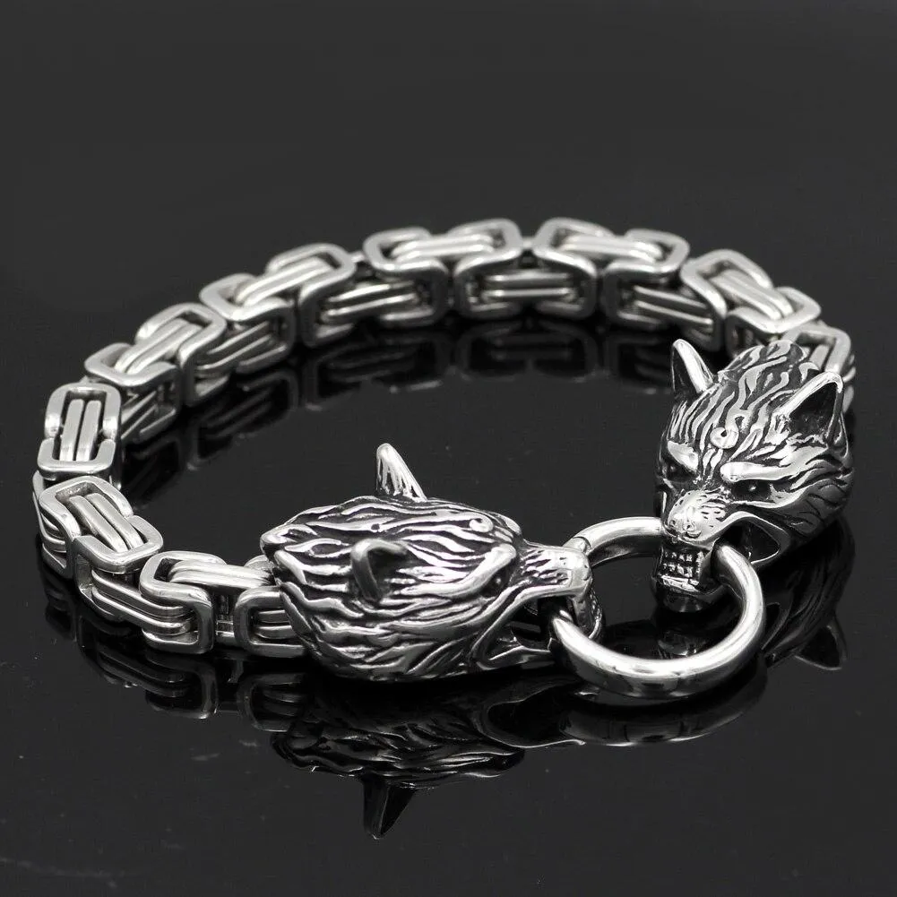 Norse Wolf Heads Viking Bracelet with Byzantine Chain