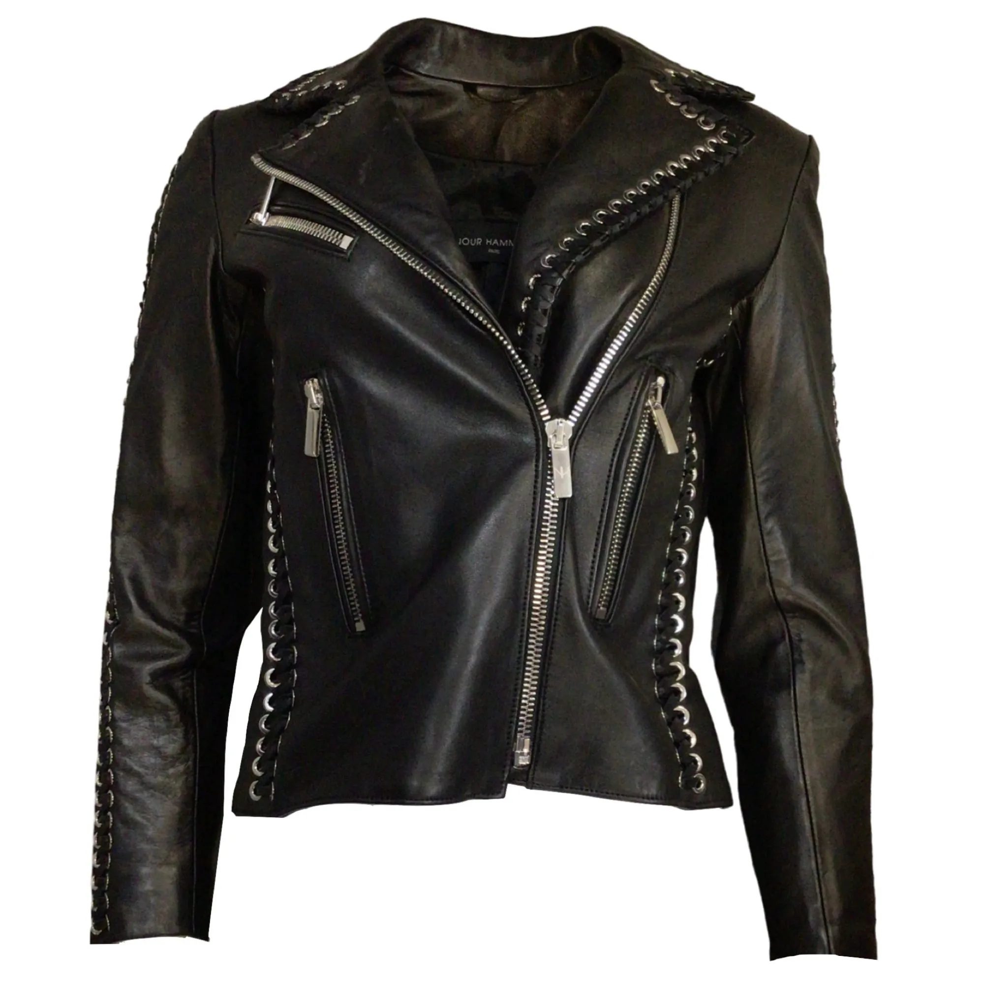 Nour Hammour Black Lace Detail Moto Zip Lambskin Leather Jacket